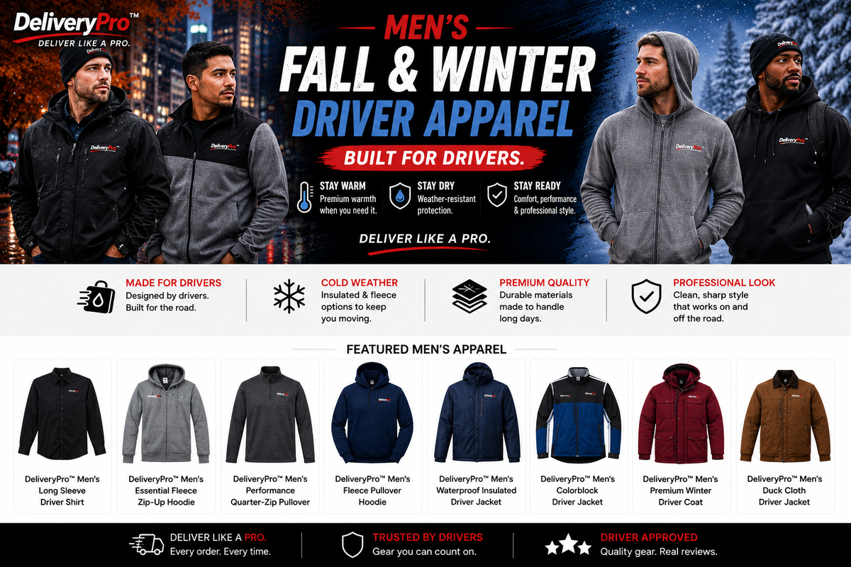DeliveryPro men's fall and winter driver apparel collection featuring jackets, hoodies, fleece, and insulated outerwear
