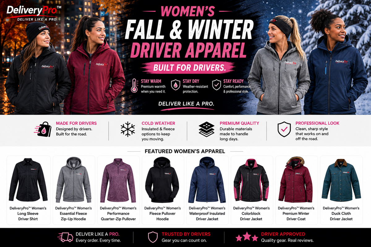 DeliveryPro women's fall and winter driver apparel collection featuring jackets, hoodies, fleece, pullovers, and insulated outerwear