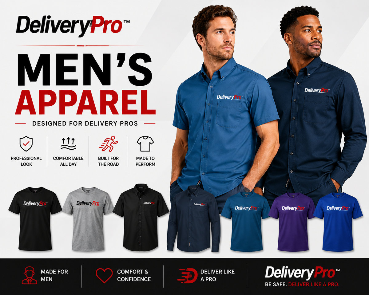 DeliveryPro men's driver apparel collection with button-up shirts, polos, and T-shirts for delivery professionals