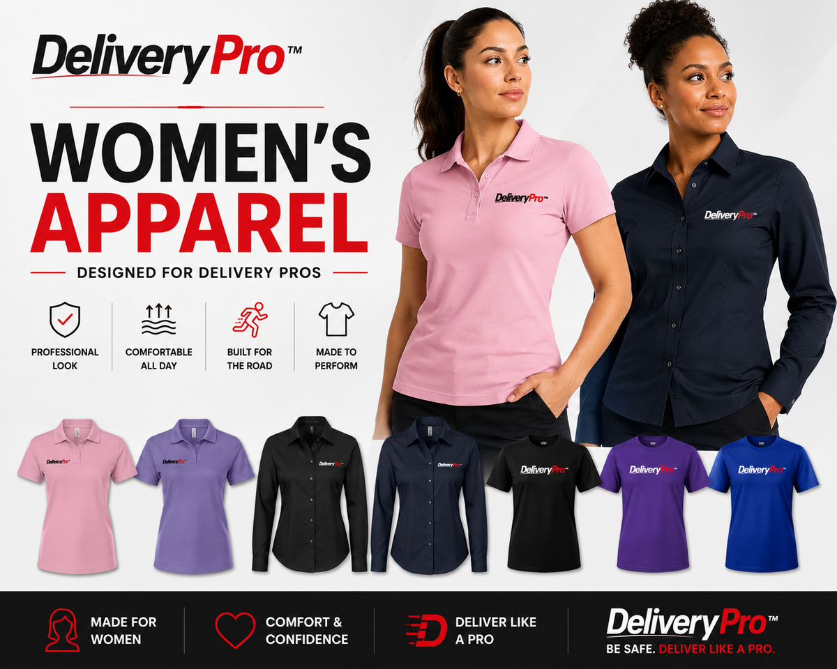 DeliveryPro women's driver apparel collection with polos, shirts, and jackets for delivery professionals