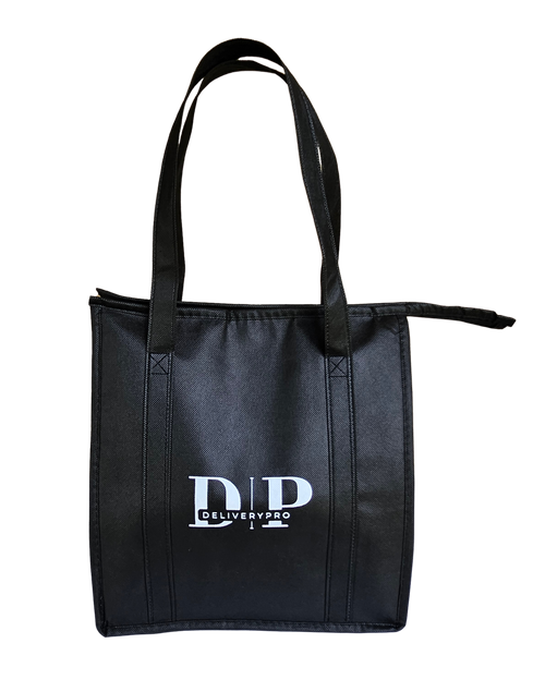 A black tote bag with two shoulder straps and a white printed logo reading 'DP DELIVERYPRO' on the front, shown against a plain white background.