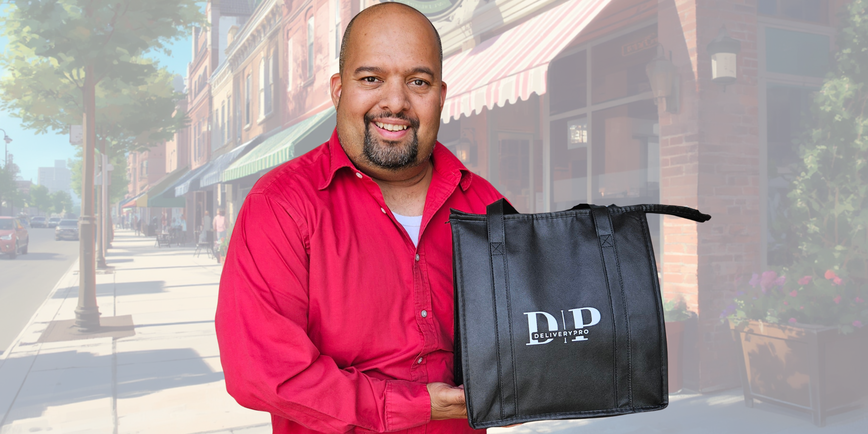 A Gig worker in a red button-up shirt holding a black tote bag with a white 'DeliveryPro' logo, set against a faded background of a city street scene.
