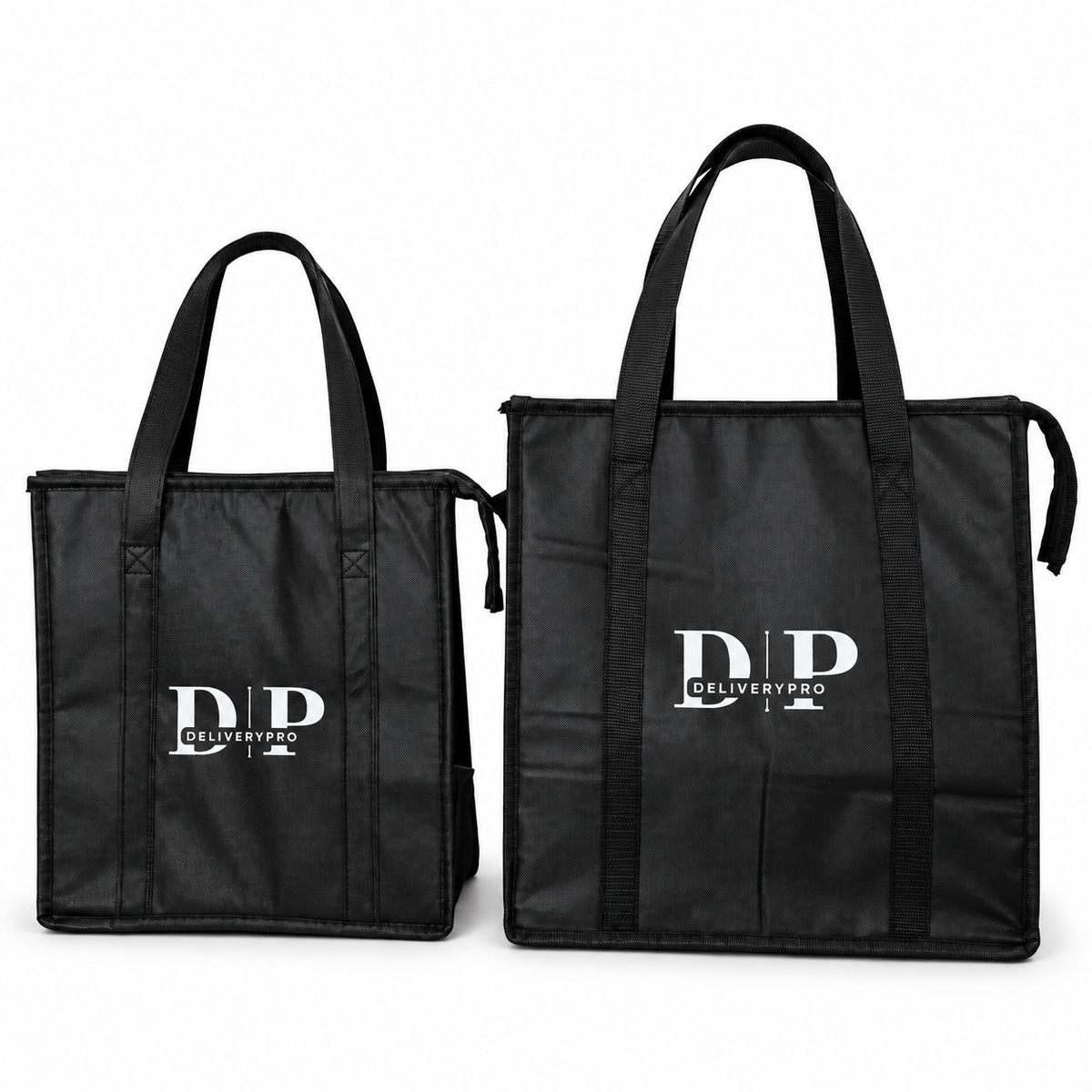 DeliveryPro Original and Premium insulated food delivery tote bags shown side by side on a white background, highlighting the size difference between the two black delivery bags with reinforced handles and DeliveryPro logos.