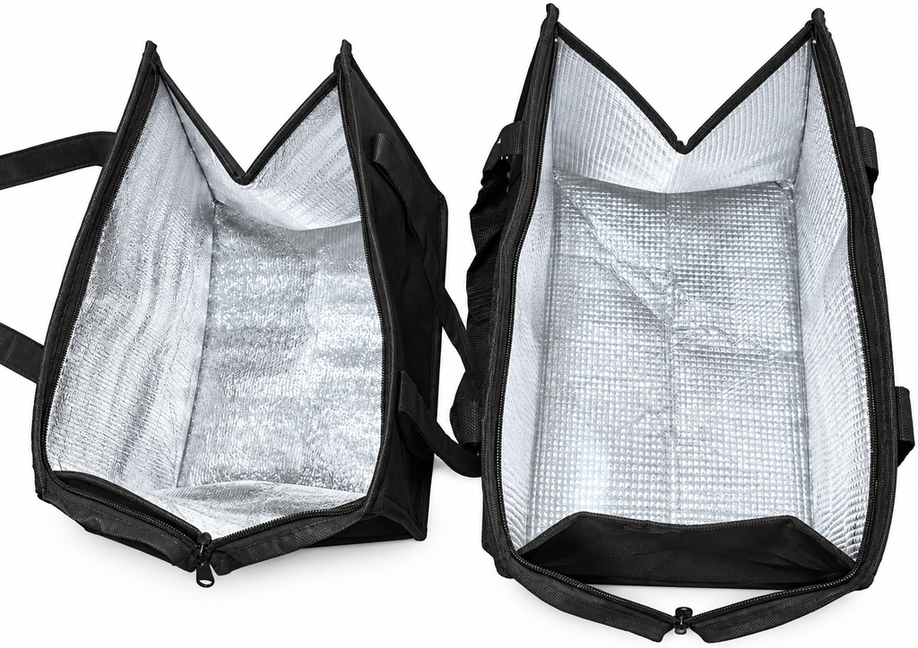 Interior comparison of DeliveryPro Original and Premium insulated food delivery tote bags, showing their reflective insulated linings and different carrying capacities