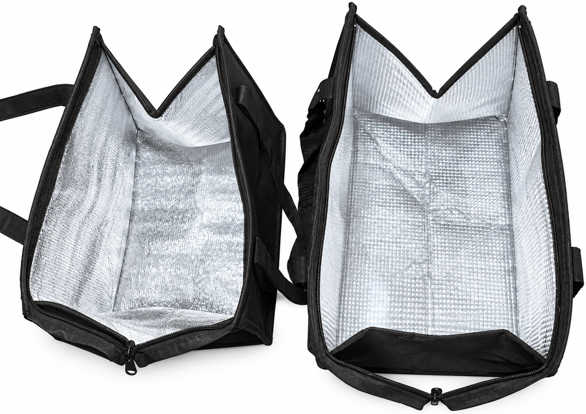 Interior comparison of DeliveryPro Original and Premium insulated food delivery tote bags, showing their reflective insulated linings and different carrying capacities