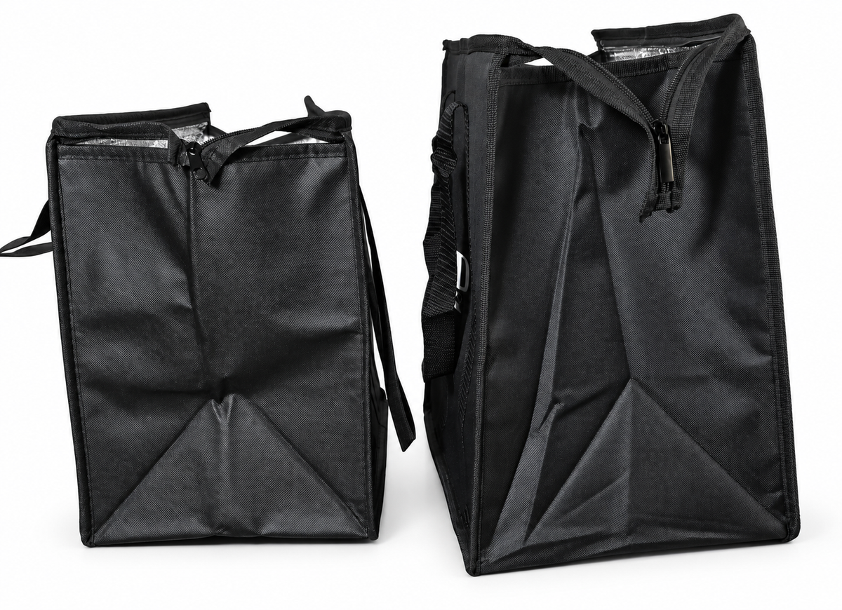 Side-by-side view of DeliveryPro Original and Premium insulated food delivery tote bags showing their depth, black insulated construction, and expandable storage space.