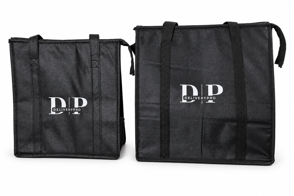 Front view comparison of the smaller DeliveryPro Original Tote and larger Premium insulated food delivery tote bag, showing their different sizes and carrying handles.