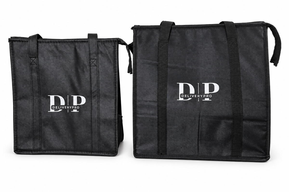 Front view comparison of the smaller DeliveryPro Original Tote and larger Premium insulated food delivery tote bag, showing their different sizes and carrying handles.