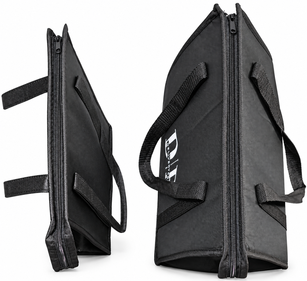 DeliveryPro Original and Premium insulated food delivery tote bags shown top zipper view, demonstrating their the quality of the zippers