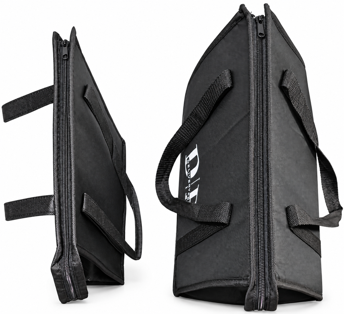 DeliveryPro Original and Premium insulated food delivery tote bags shown top zipper view, demonstrating their the quality of the zippers