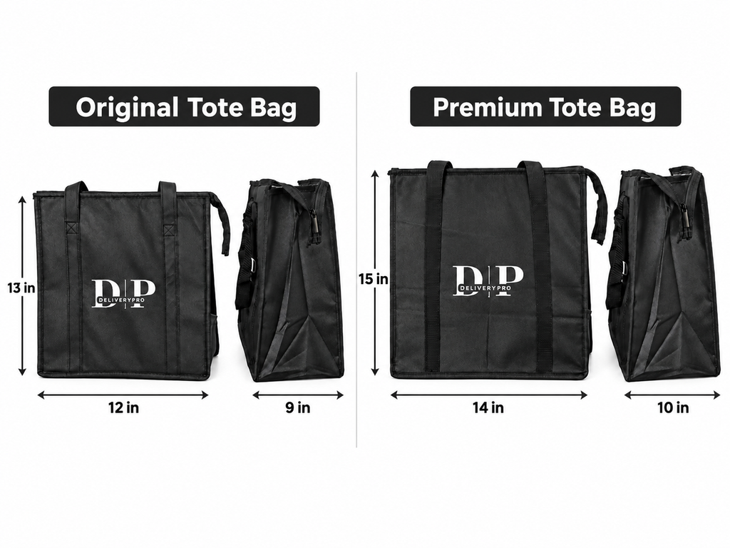 Labeled comparison of DeliveryPro Original and Premium insulated food delivery tote bags, showing front and side views of each bag.