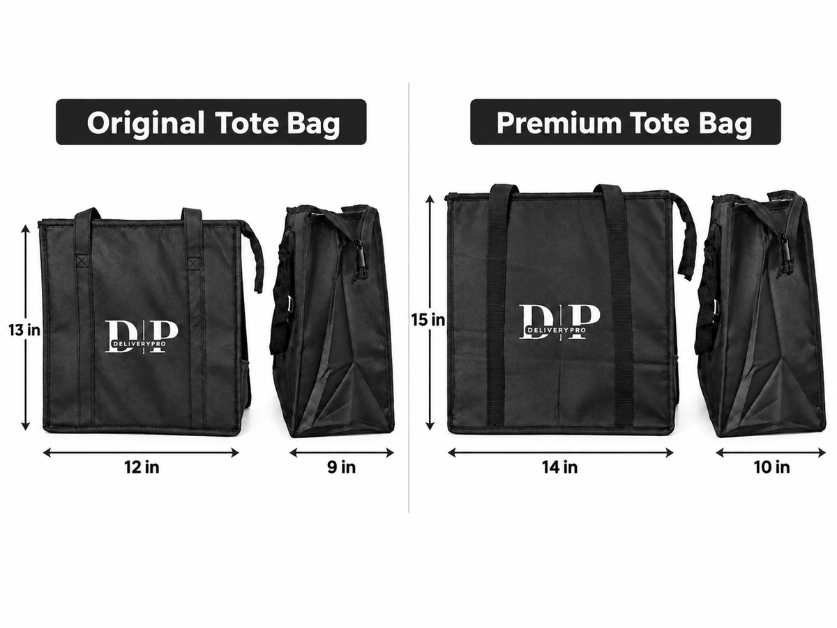 Labeled comparison of DeliveryPro Original and Premium insulated food delivery tote bags, showing front and side views of each bag.