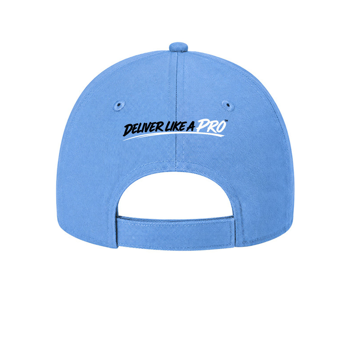 Back of Carolina blue DeliveryPro baseball cap with Deliver Like a Pro design and adjustable closure