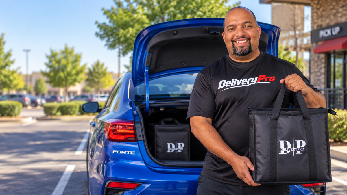 DeliveryPro food delivery driver holding an insulated delivery bag beside a blue ca