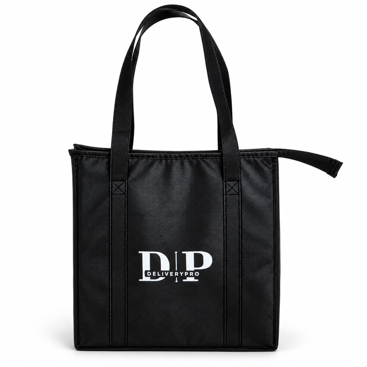 DeliveryPro insulated food delivery tote bag shown from the front with black exterior, carry handles, and white DeliveryPro logo.