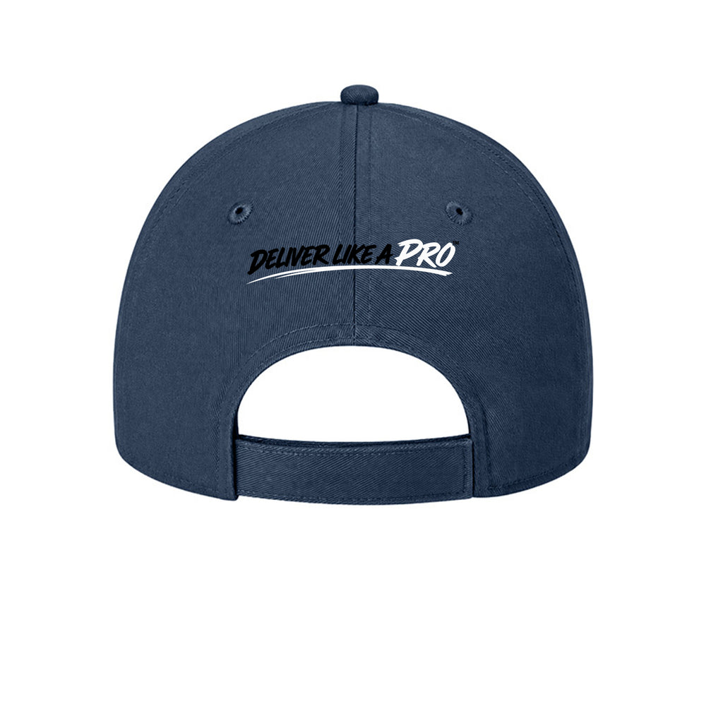 Back of navy DeliveryPro baseball cap with Deliver Like a Pro design and adjustable closure