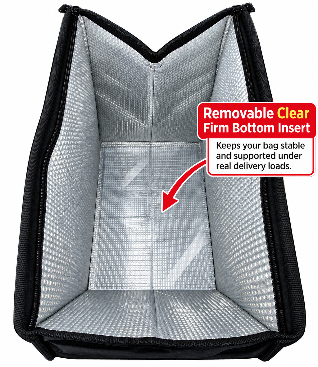 DeliveryPro premium insulated food delivery tote bag showing removable clear firm bottom insert installed for added stability under delivery loads