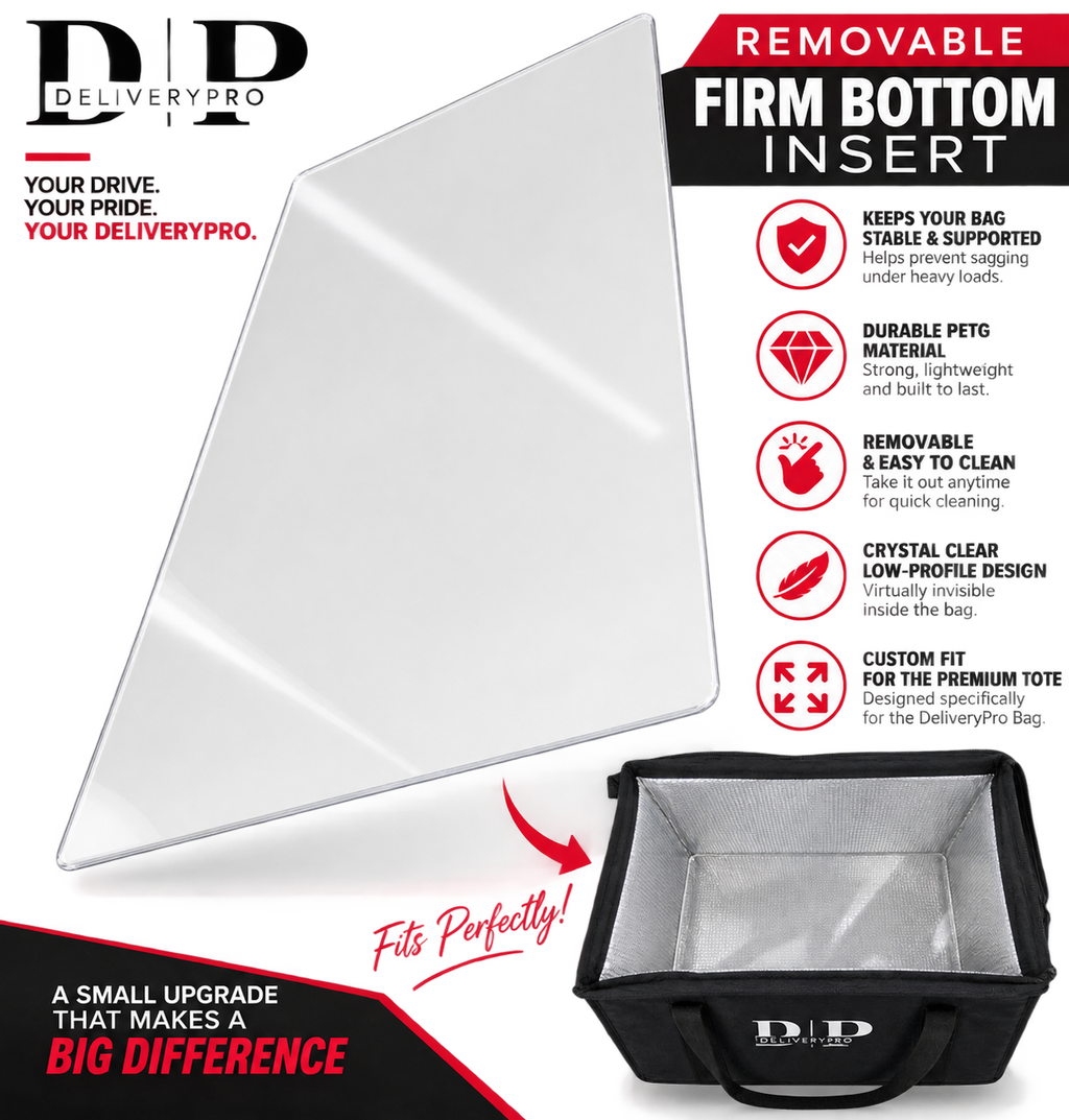 DeliveryPro premium insulated food delivery tote bag with removable clear firm bottom insert for added stability and support