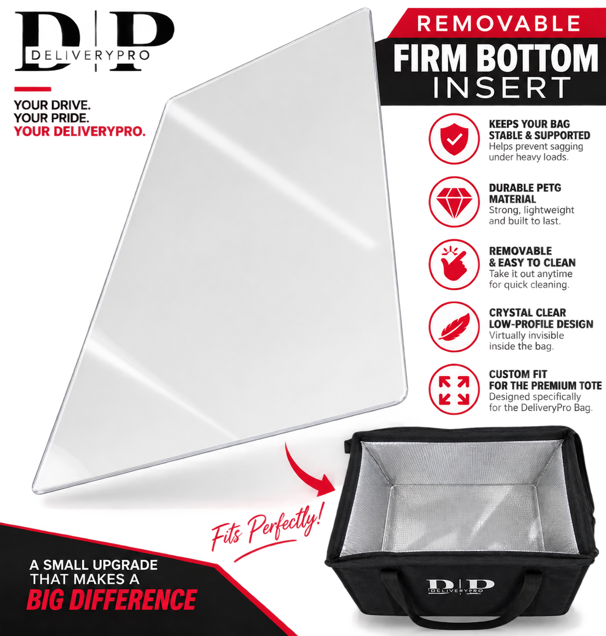 DeliveryPro premium insulated food delivery tote bag with removable clear firm bottom insert for added stability and support