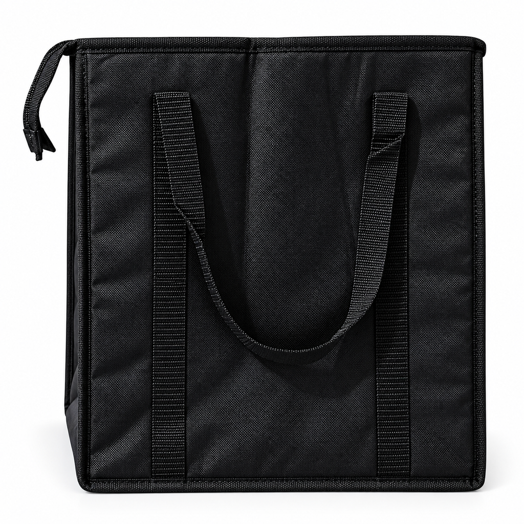 Back view of the DeliveryPro Premium insulated food delivery tote bag showing reinforced carrying straps on a white background.