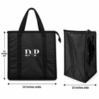 DeliveryPro Premium insulated food delivery tote bag showing 15-inch height, 14-inch width, and 10-inch depth.