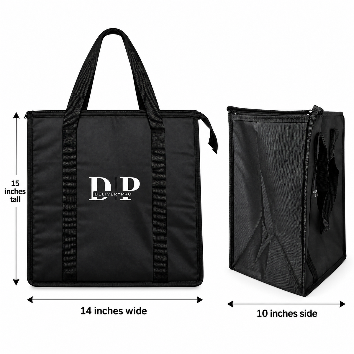 DeliveryPro Premium insulated food delivery tote bag showing 15-inch height, 14-inch width, and 10-inch depth.