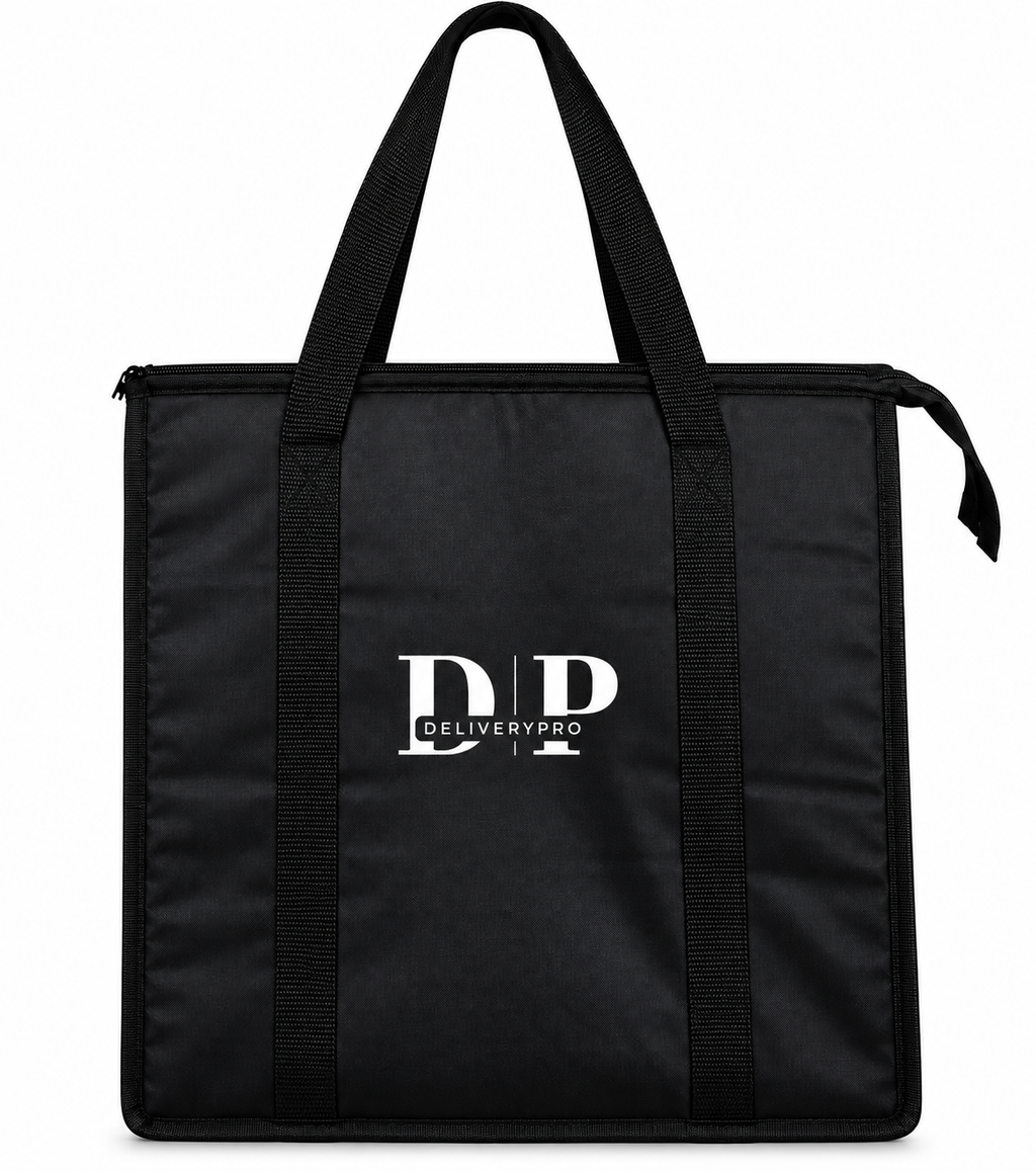 Front view of the black DeliveryPro Premium insulated food delivery tote bag with carry handles and DeliveryPro logo.