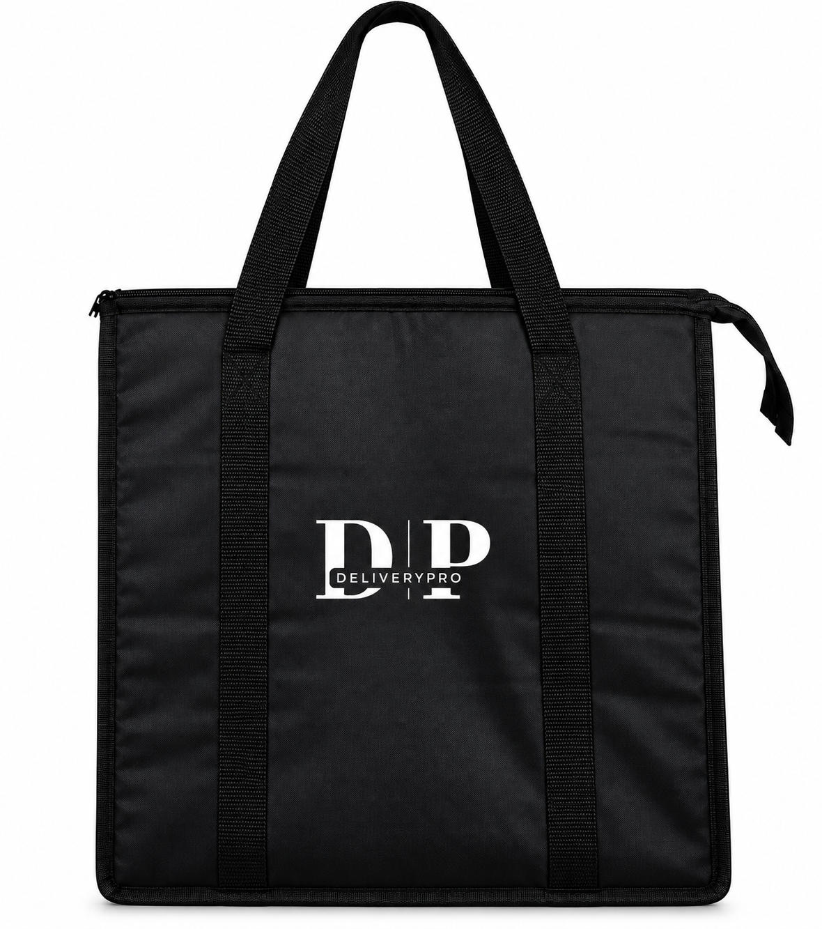 Front view of the black DeliveryPro Premium insulated food delivery tote bag with carry handles and DeliveryPro logo.