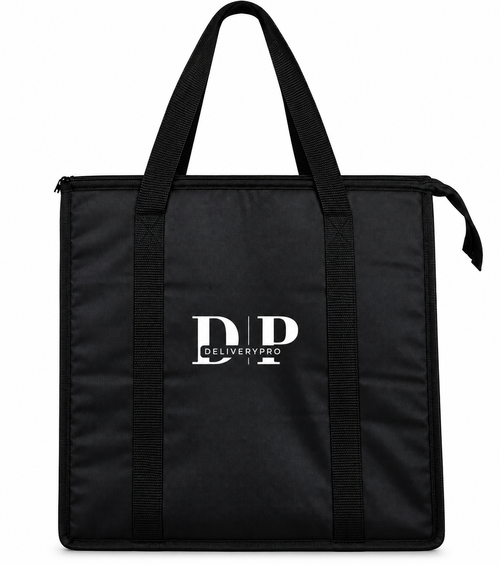 Front view of the black DeliveryPro Premium insulated food delivery tote bag with carry handles and DeliveryPro logo.