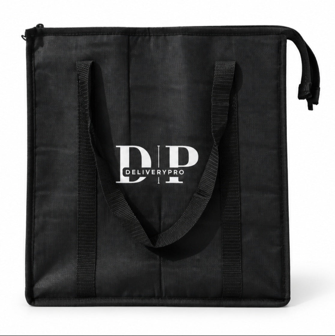 Real front view of the black DeliveryPro Premium insulated food delivery tote bag with long carry handles, zipper closure, and DeliveryPro logo.