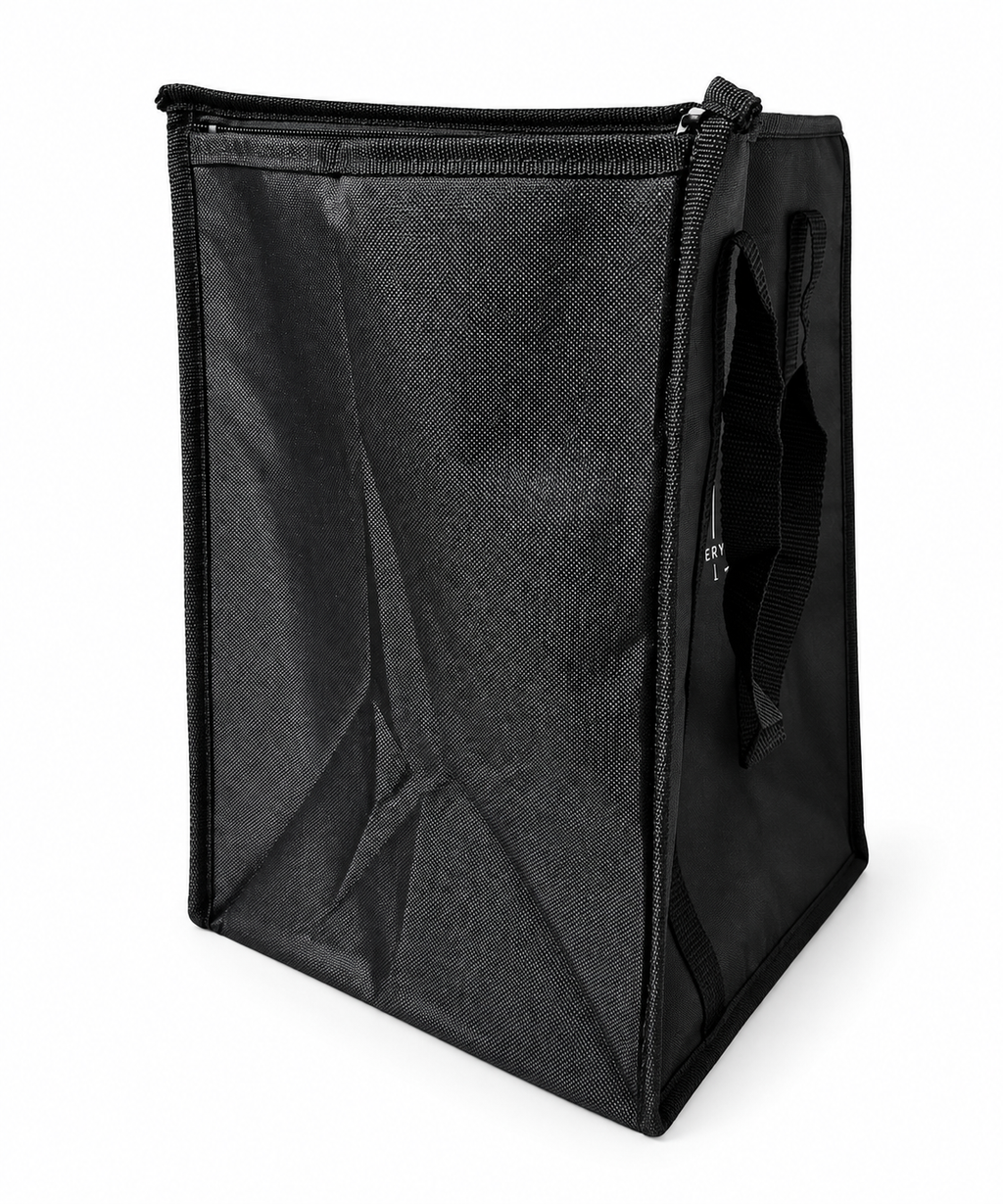Side view of the black DeliveryPro Premium insulated food delivery tote bag showing the 10-inch-deep side panel and top zipper closure
