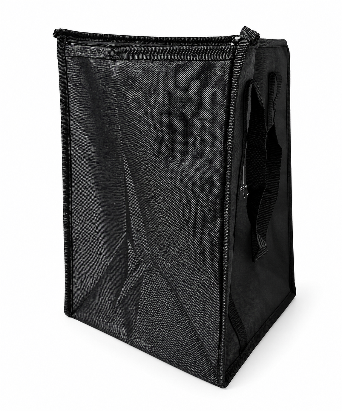 Side view of the black DeliveryPro Premium insulated food delivery tote bag showing the 10-inch-deep side panel and top zipper closure