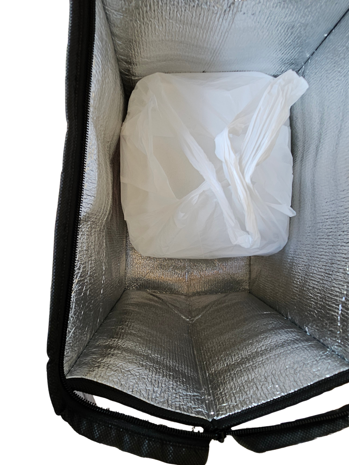 Restaurant takeout bag placed inside the DeliveryPro insulated food delivery tote bag to show how an everyday food order fits inside
